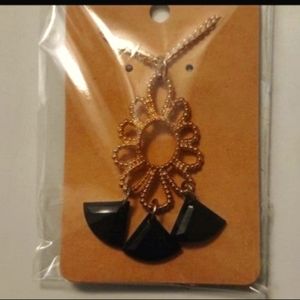 NEW Gold Long Necklace w/Gold& Black Charm